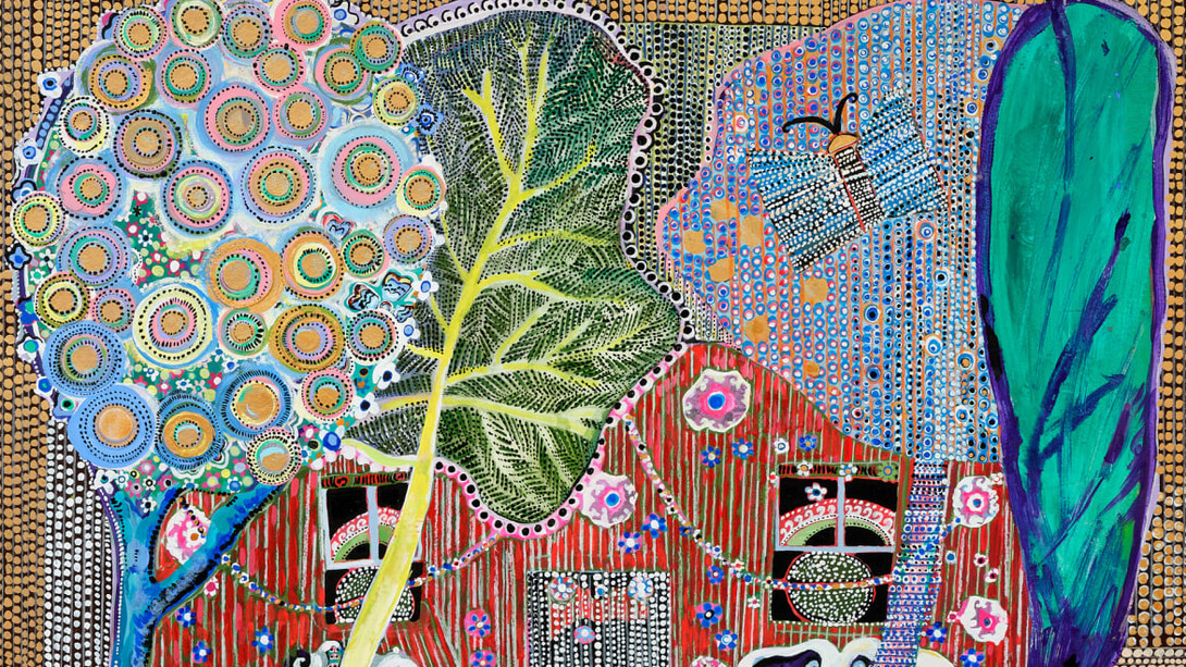 Karen Barbour, Stitched blossom and thorn smocked house with flower carpet (detail), 2025. Courtesy of Rebecca Camacho Presents