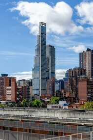 View of the Santa Fe skyline from the La Concordia market hall in Bogotá, Colombia.