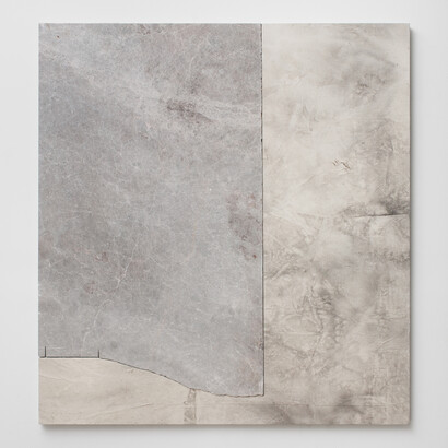 Sam Moyer, Being There, 2014, marble, ink on canvas mounted to mdf panel, 52 x 48 x .75 inches 