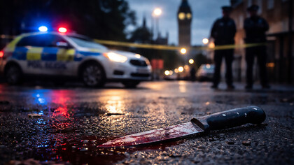 A rain-soaked street becomes a silent crime scene, where a discarded knife and distant police lights reflect the urgency of Britain’s knife crime crisis
