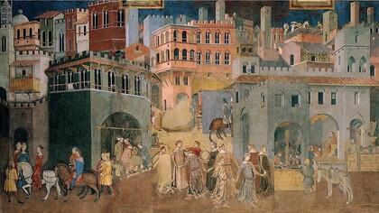 Ambrogio Lorenzetti, "Alegoría del buen gobierno (efectos del buen gobierno en la ciudad)", fresco, entre 1338 y 1339