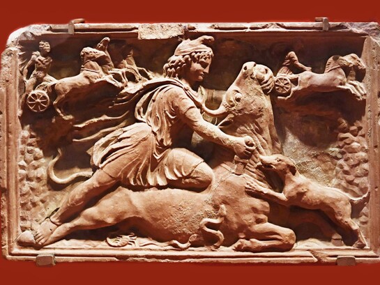 Rilievo in marmo rosso (Rosso Antico) raffigurante il dio Mitra che uccide il toro. Roma, 160-170 d.C. circa