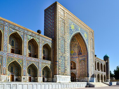 Decorated façade of the Tillya Kari Madrassah, Samarkand, Uzbekistan