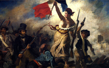 Pintura utilizada para presentar a Trinidad Huerta: El guitarrista de la libertad de Rafael Andia. 
Eugène Delacroix (1798–1863). "La Libertad guiando al pueblo" Conmemora la Revolución Francesa de 1830 
Romanticismo,1830 óleo sobre lienzo.Museo del Louvre, Paris. Francia