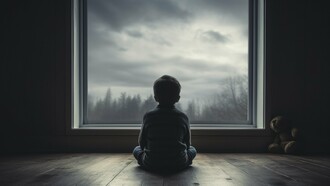 A boy sitting silently before a big window, capturing the stillness of existing in an in-between space