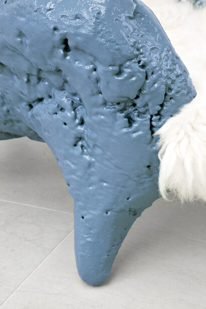 Atelier Van Lieshout, Fossil Chair (Blue), 2009, polyurethane foam on a polyester shell, Icelandic long hair sheepskin, 130 x 103 x 93 cm / 51.1 x 40.5 x 36.6 in, limited edition of 7 + 5 ap, Courtesy Carpenters Workshop Gallery