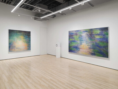 Oliver Beer, Three Nymphéas, exhibition view. Courtesy of Almine Rech