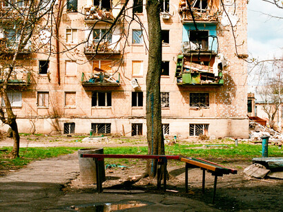 Missiles fired by Russia have left buildings in Kyiv, Ukraine, in ruins