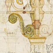 R. Norman Shaw RA (1831-1912), Working drawing of balustrade for a wooden screen (detail), drawn by W.R. Lethaby, 1879-80. Pencil, black ink and coloured washes on paper. c. Royal Academy of Arts, London. Photo: Prudence Cuming Associates Ltd.