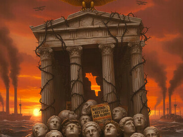 Os resquícios da democracia liberal desmoronam, soterrados sob o peso da história e a busca implacável pelo poder excludente. Uma reflexão artística sobre os ciclos de crise que alimentam os movimentos modernos de extrema-direita