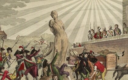 "Estatua de la Democracia hecha de escombros, descomponiéndose bajo la mirada de los soberanos unidos contra Francia", caricatura anónima, 1799