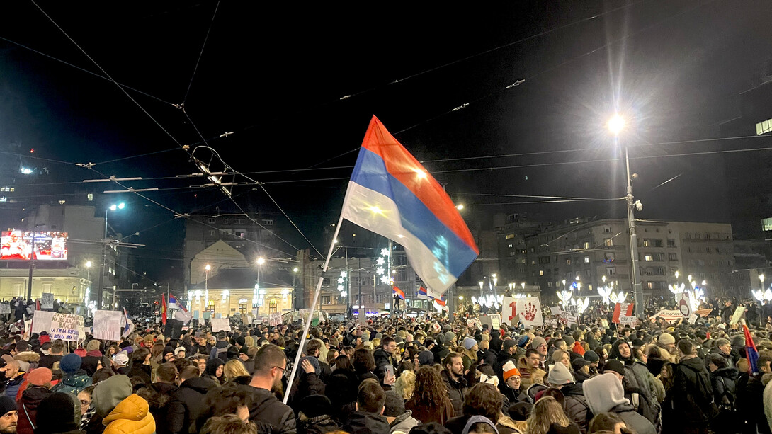 Demonstrators come together at Slavija Square in Belgrade on December 22, 2024