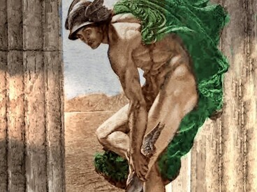 Hermes in una illustrazione del 1887 su "La Ilustración Ibérica tomo V 1887 Portada del 22 de enero". Hermes ruba il bestiame di Apollo con furbizia