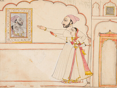 Prince Bhupal Dev of Jasrota and his wife before a mirror (detail), circa 1720–1725. Courtesy of Cincinnati Art Museum