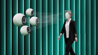 A woman walking beside an AI-powered surveillance camera, emphasizing themes of security, privacy, and biometric technology