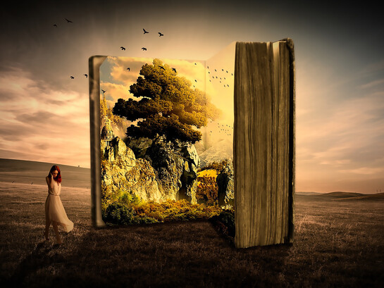 A woman stands in a serene meadow, next to a book that symbolizes life, knowledge, and the secret wisdom to be learned from nature and the human spirit, blending reality with a touch of fantasy