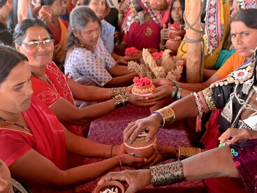 Ceremonial handing over of heritage seeds from women to daughters-in-law, at Mobile Biodiversity Festival 2026, Deccan Development Society @ Ashish Kothari