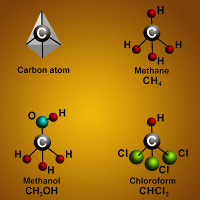 The tetrahedron structure of a tetravalent atom, as the carbon, and three basic compounds containing carbon: methane, methanol, and chloroform.