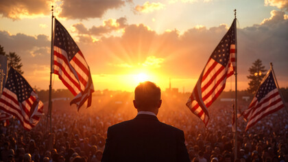 An American political leader stands in front of his supporters