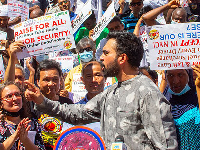 Assemblyman Zohran Mamdani at the Taxi Workers Alliance rally outside City Hall, a moment tied to the New York mayoral election and the landscape of New York City politics
