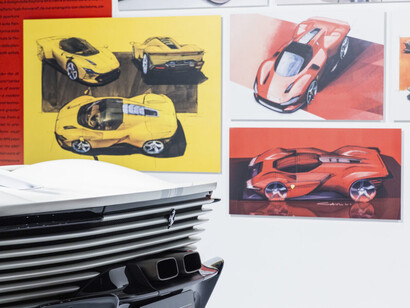 Ferrari design. Creative journeys 2010–2025, vista de exhibición. Cortesía del Museo Nazionale dell'Automobile