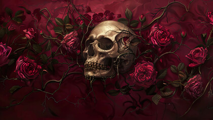 A gothic skull surrounded by dark roses and thorny vines stands out against a deep crimson background
