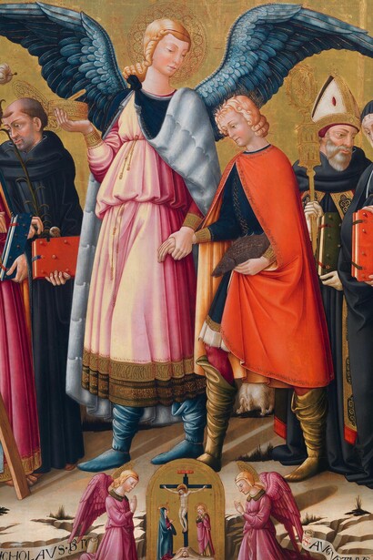 Neri di Bicci, Tobias and Archangel Raphael, Saint Simon, Saint Thaddeus, Saint Nicholas of Tolentino, Saint Augustine, Saint Monica and Saint James the Greater (detail), c. 1475. Courtesy of Robilant+Voena Gallery