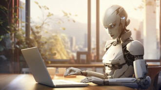 Office scene with a robot carrying out human work duties