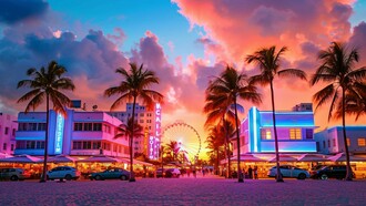 A vibrant marketplace by the bay, where prosperity sparkles on the surface while deeper inequities remain unseen