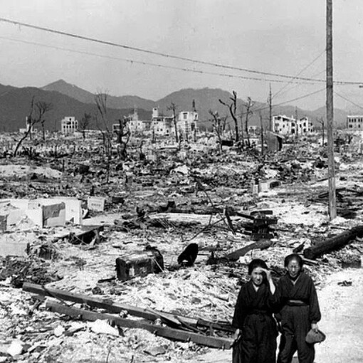 Atomic bomb damage in Hiroshima, Japan, as seen from the USS Appalachian on November 27, 1945