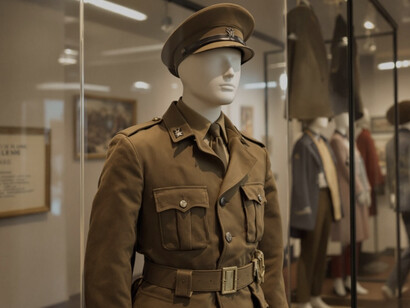 A preserved military uniform stands behind glass on display