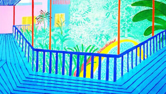 David Hockney (1937) "A Bigger Interior with Blue Terrace and Garden", 2017 ("Un interior más amplio con terraza azul y jardín")