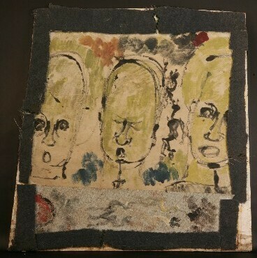 Purvis Young (1943 - 2010) Jazz Men, 1994 Mixed Media House Paint on wood and carpet on laid fabric, 37 x 32 in