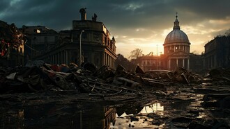The ruins of a once-majestic capital reflect the fever dream of collapse explored in the article — a visual echo of America on the brink, where myth, denial, and decay converge