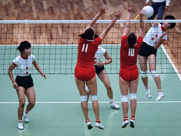 Sata Isobe of Japan spikes the ball during the Women's Volleyball final between Japan and Soviet Union during Tokyo Olympic at Komazawa Gymnasium on October 23, 1964 in Tokyo, Japan