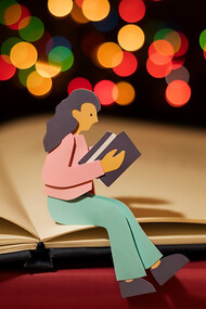 A cartoon of a paper woman reading a book on book