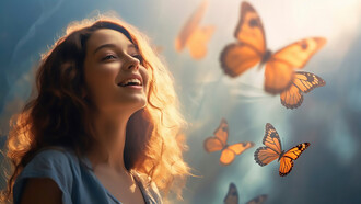 A woman surrounded by butterflies experiences a boost in mental health, highlighting the transformative power of nature and mindfulness