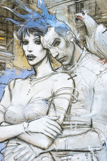 Framed poster by Enki Bilal, Visioni di fine Millennio, presented under plexiglass in a sleek black wooden frame, 2.5 cm wide. This artwork encapsulates Bilal’s haunting vision of the end of the millennium, blending futuristic imagery with poetic introspection and cinematic precision