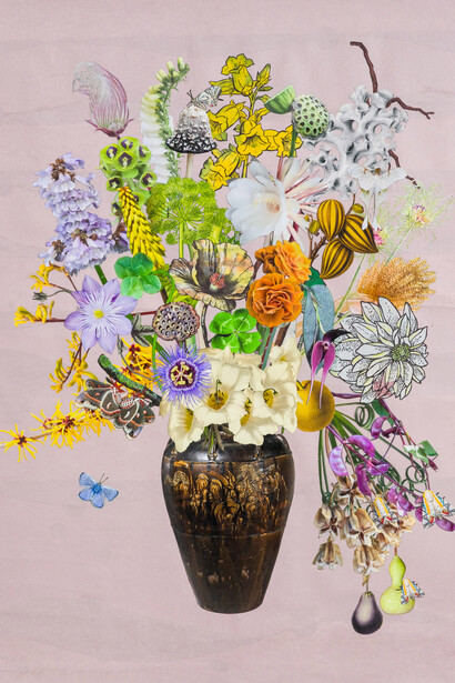 Jane Hammond, Martaban jar with prairie smoke, witch hazel and three Picasso moths medium copy. Courtesy of Berggruen Gallery 