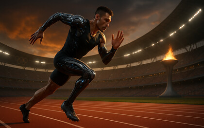 A cybernetically enhanced sprinter powers down the track at a futuristic Olympic stadium in Brisbane 2032, symbolizing the clash between tradition and technology in the new era of sport