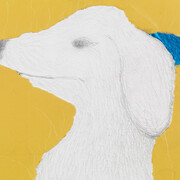 Colin Self, Craigie’s dog “Waynie” (Craigie Aitchison), 15/10/15, Mixed media collage and pencil, 18 x 21 cm