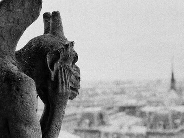 Gargoyles overlooking the Paris cityscape, Paris, Île-de-France, France