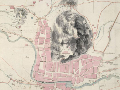 Pablo del Villar, croquis de Orihuela realizado entre 1800 y 1850, manuscrito a plumilla con tinta negra y coloreado a la acuarela en tonos gris, ocre, azul, amarillo y carmín, Alicante, España