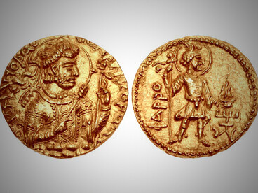 Coin of Kushan King Huvishka, circa CE 152–192, featuring the diademed ruler seated or standing, often holding a sceptre or spear. These coins are notable for their inscriptions in Bactrian script and their rich iconography, which includes a blend of Greco-Roman, Indian, and Iranian deities—highlighting the cosmopolitan nature of the Kushan Empire during Huvishka’s reign