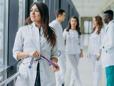 A female doctor thoughtfully gazing out of a hospital corridor window, reflecting on medical ethics and patient care