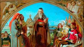 Ford Madox Brown (1821–1893). La primera traducción de la Biblia al inglés —Wycliffe leyendo su traducción del Nuevo Testamento a su protector—, Juan de Gante, duque de Lancaster, en presencia de Chaucer y Gower, sus vasallos. Pintura, 1847. The Cartwright Memorial Hall (Art Gallery And Museum) In Lister Park, 	
Bradford, Inglaterra