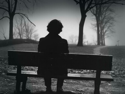 Una persona seduta da sola su una panchina in un parco, vista di spalle, in una foto in bianco e nero