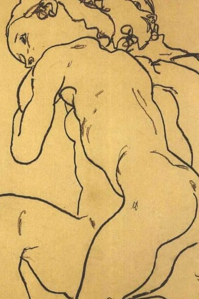 "Dos mujeres desnudas abrazándose", dibujo, Egon Schiele, 1918
