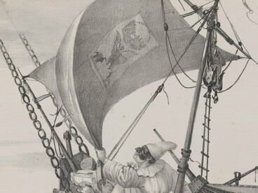 "Partida de Pulcinella hacia la Luna", litografía de Salvatore Fergola inspirada en el gran engaño de la Luna de 1835