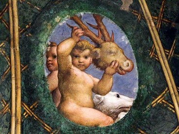 Correggio, Camera della Badessa, 1518-19, putti con oggetti legati alla caccia